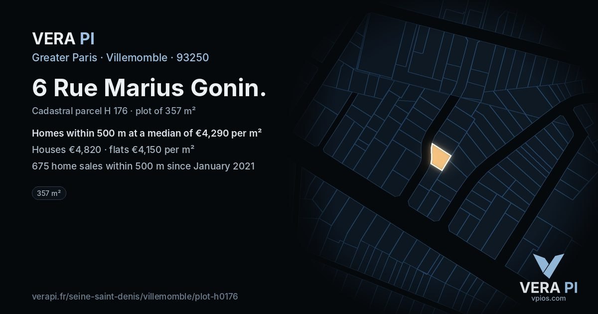 6 Rue Marius Gonin, Villemomble at night – the plot lit, the parcels around coloured by the prices near them