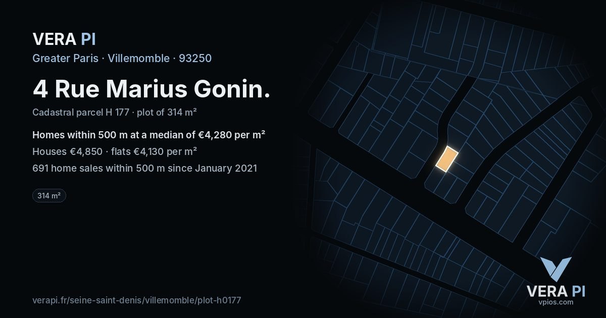 4 Rue Marius Gonin, Villemomble at night – the plot lit, the parcels around coloured by the prices near them
