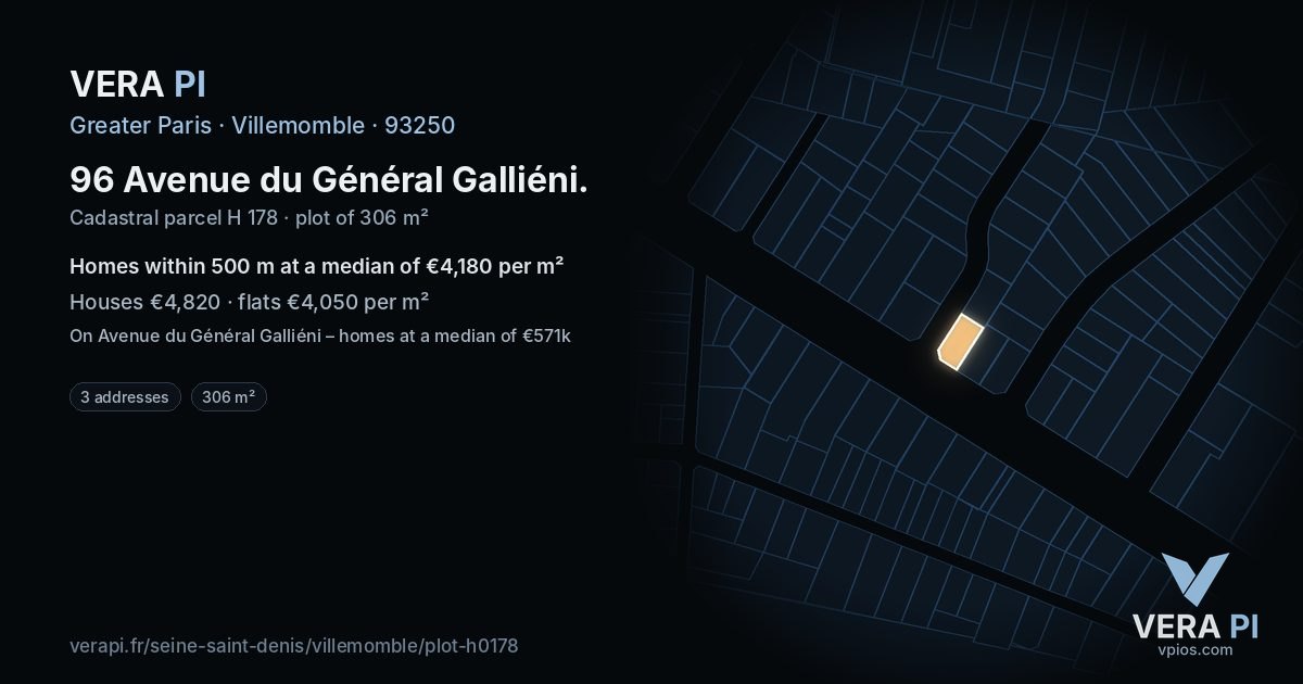 96 Avenue du Général Galliéni, Villemomble at night – the plot lit, the parcels around coloured by the prices near them