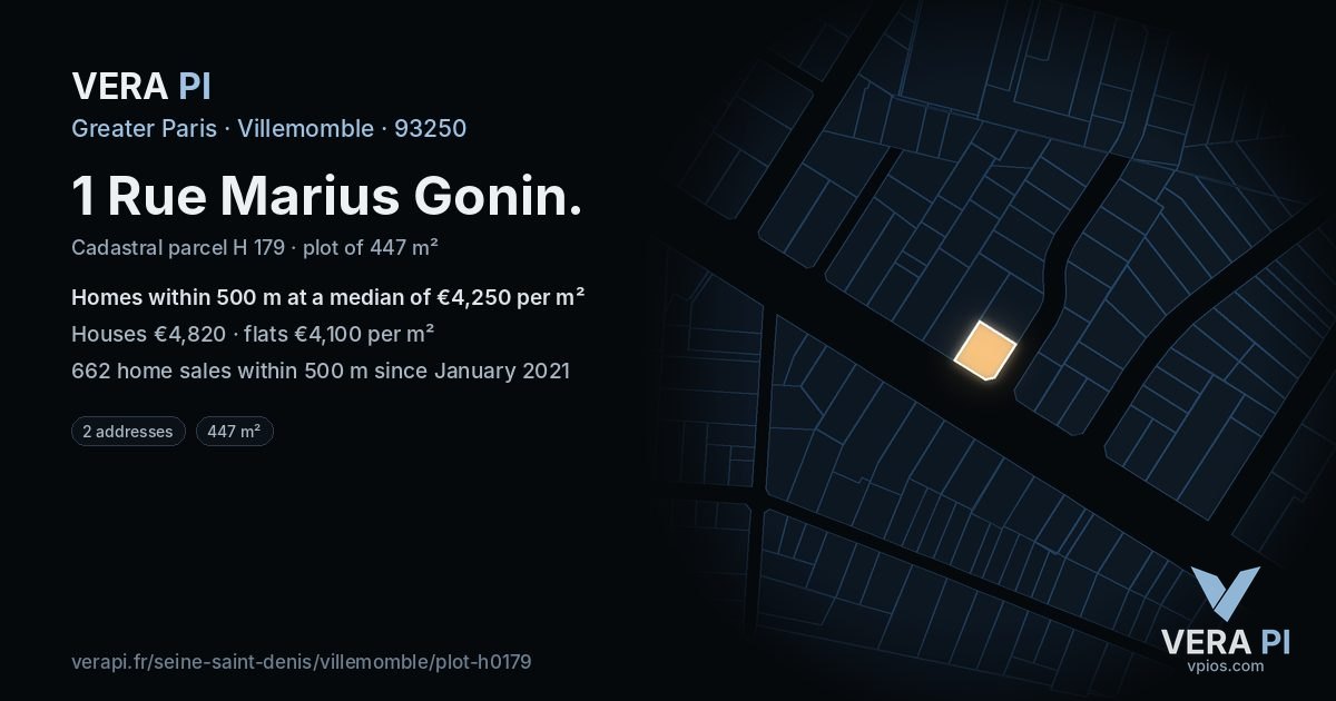 1 Rue Marius Gonin, Villemomble at night – the plot lit, the parcels around coloured by the prices near them