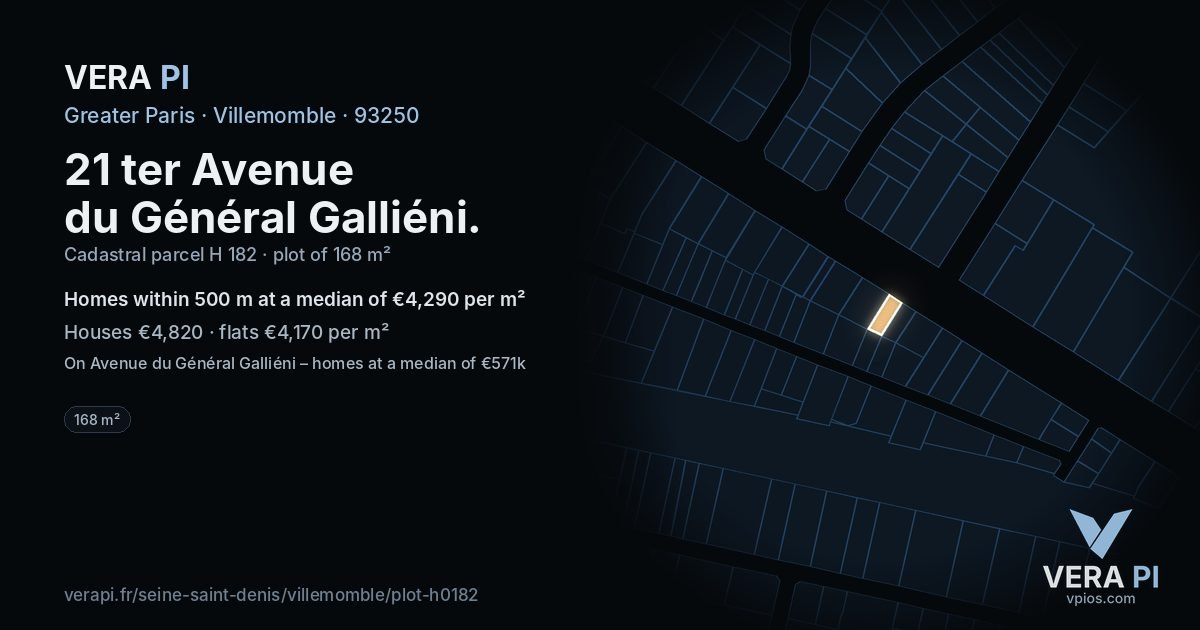 21 ter Avenue du Général Galliéni, Villemomble at night – the plot lit, the parcels around coloured by the prices near them