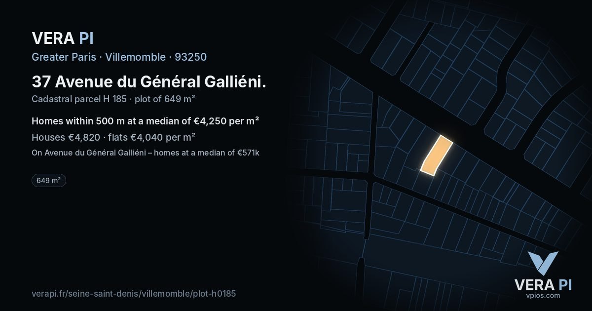 37 Avenue du Général Galliéni, Villemomble at night – the plot lit, the parcels around coloured by the prices near them