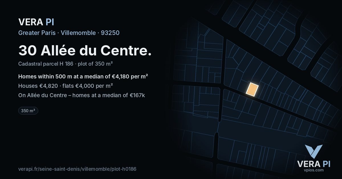 30 Allée du Centre, Villemomble at night – the plot lit, the parcels around coloured by the prices near them