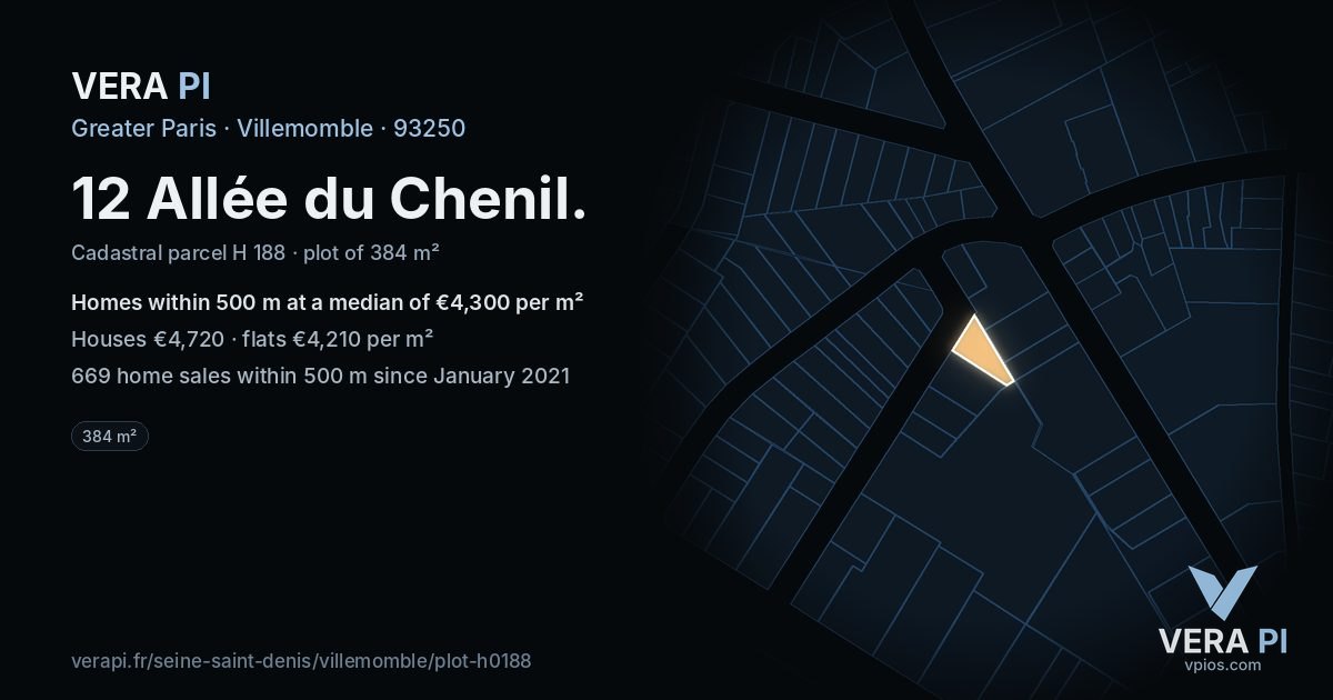12 Allée du Chenil, Villemomble at night – the plot lit, the parcels around coloured by the prices near them