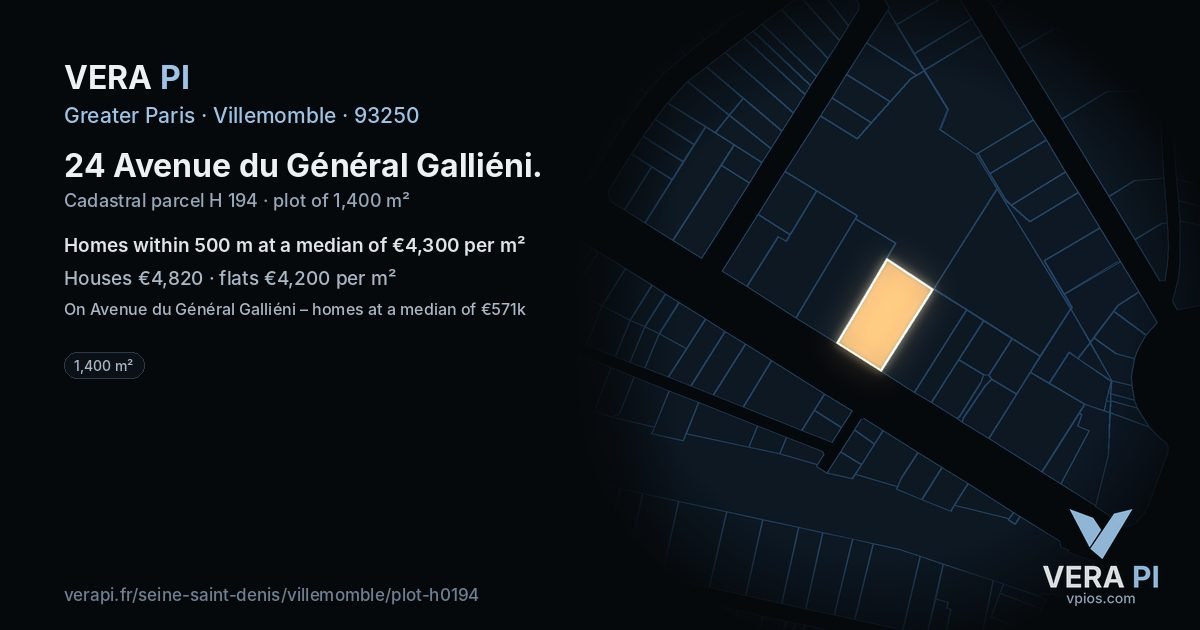24 Avenue du Général Galliéni, Villemomble at night – the plot lit, the parcels around coloured by the prices near them