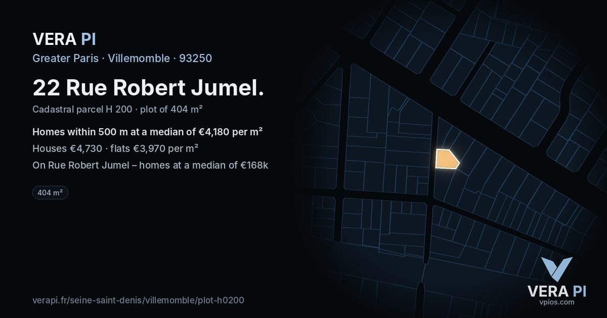 22 Rue Robert Jumel, Villemomble at night – the plot lit, the parcels around coloured by the prices near them
