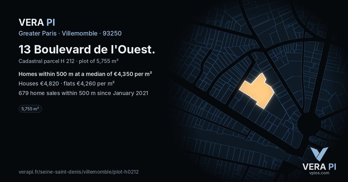 13 Boulevard de l'Ouest, Villemomble at night – the plot lit, the parcels around coloured by the prices near them