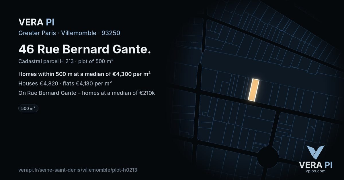 46 Rue Bernard Gante, Villemomble at night – the plot lit, the parcels around coloured by the prices near them