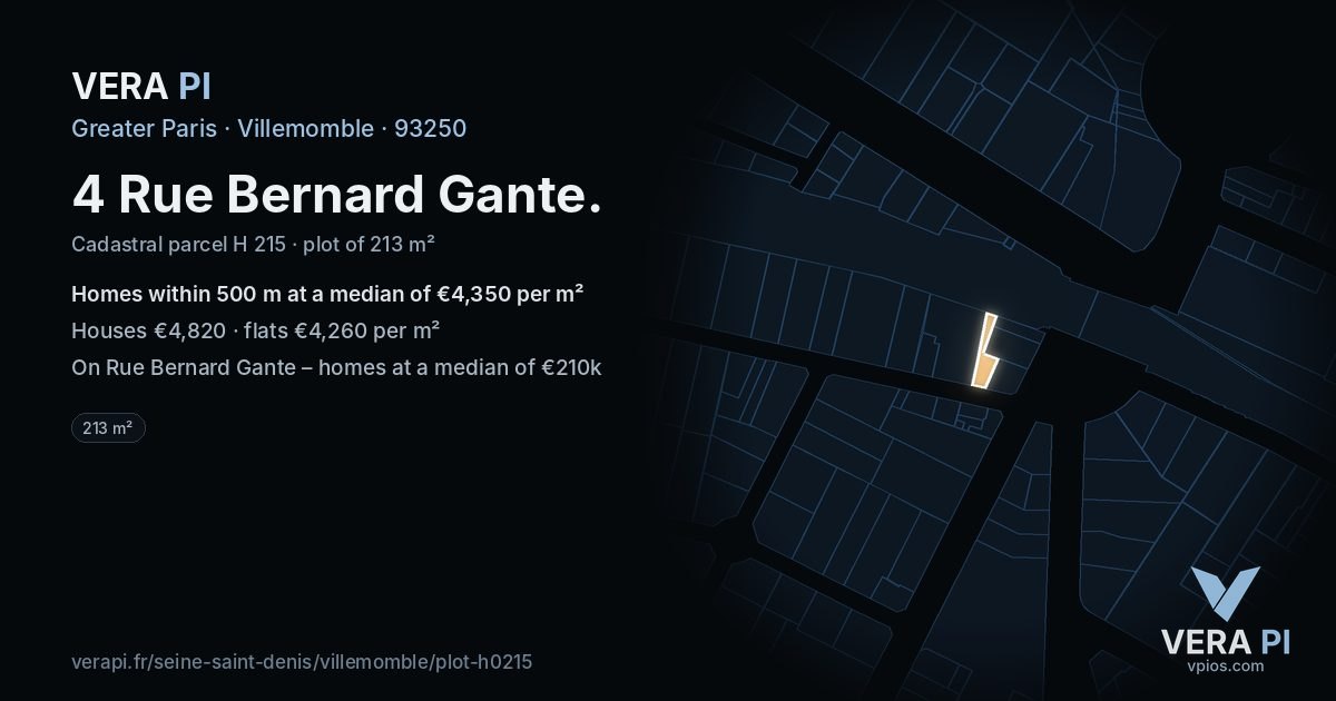 4 Rue Bernard Gante, Villemomble at night – the plot lit, the parcels around coloured by the prices near them
