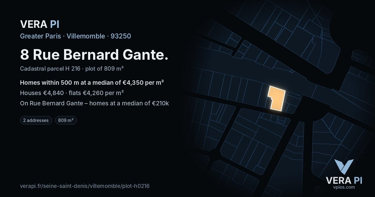 8 Rue Bernard Gante, Villemomble at night – the plot lit, the parcels around coloured by the prices near them