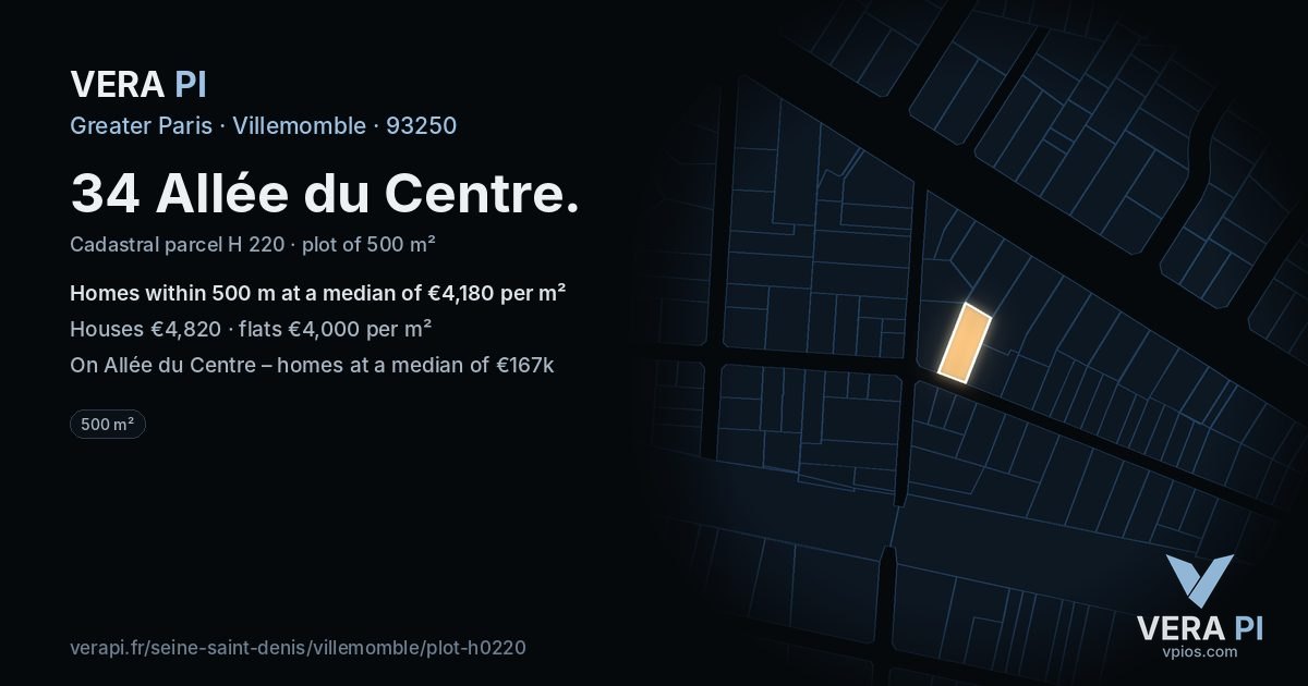34 Allée du Centre, Villemomble at night – the plot lit, the parcels around coloured by the prices near them