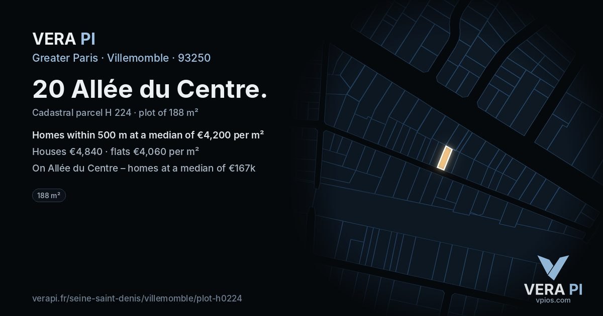 20 Allée du Centre, Villemomble at night – the plot lit, the parcels around coloured by the prices near them