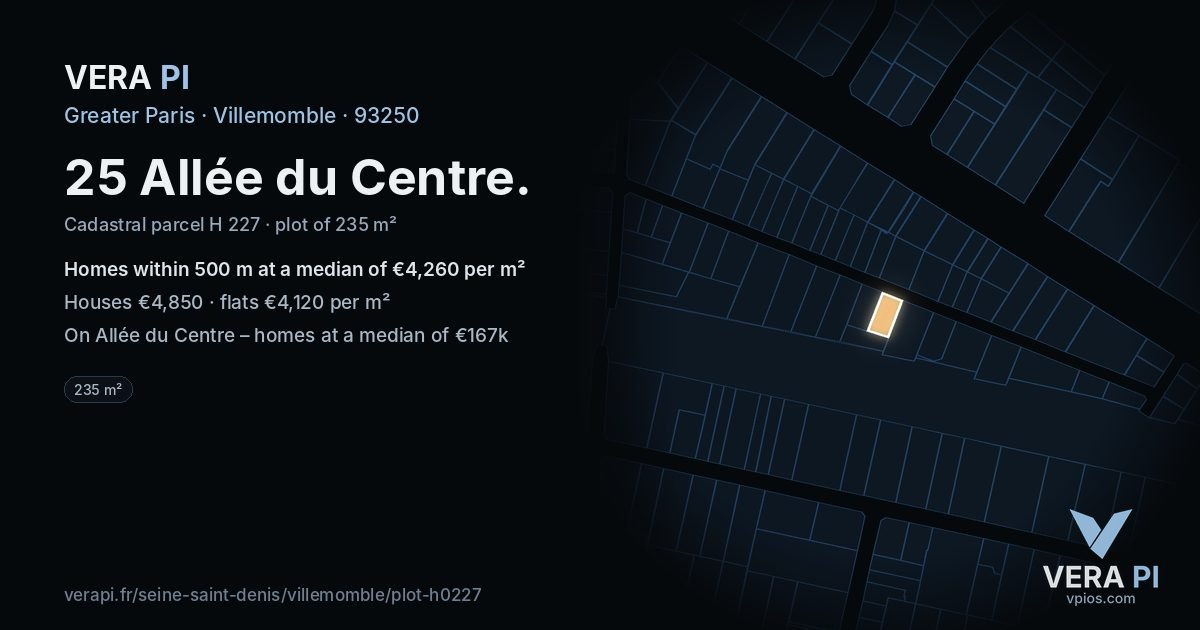 25 Allée du Centre, Villemomble at night – the plot lit, the parcels around coloured by the prices near them
