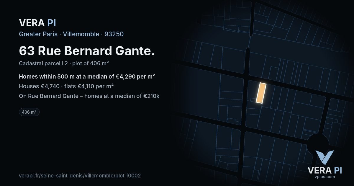 63 Rue Bernard Gante, Villemomble at night – the plot lit, the parcels around coloured by the prices near them