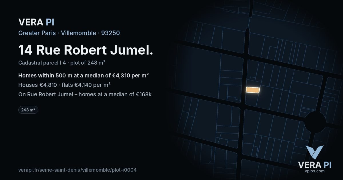 14 Rue Robert Jumel, Villemomble at night – the plot lit, the parcels around coloured by the prices near them