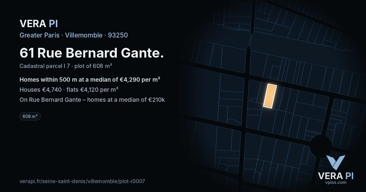 61 Rue Bernard Gante, Villemomble at night – the plot lit, the parcels around coloured by the prices near them