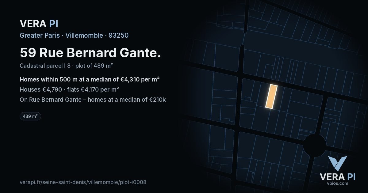 59 Rue Bernard Gante, Villemomble at night – the plot lit, the parcels around coloured by the prices near them