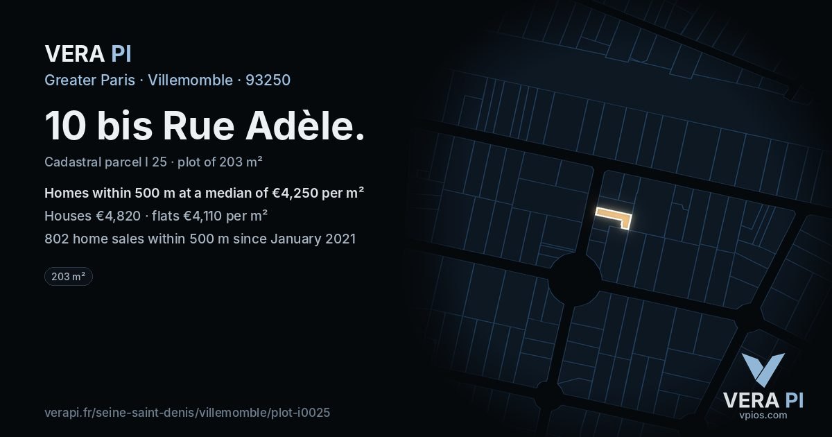 10 bis Rue Adèle, Villemomble at night – the plot lit, the parcels around coloured by the prices near them