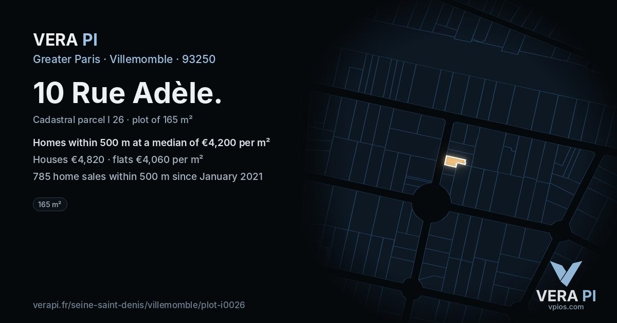 10 Rue Adèle, Villemomble at night – the plot lit, the parcels around coloured by the prices near them