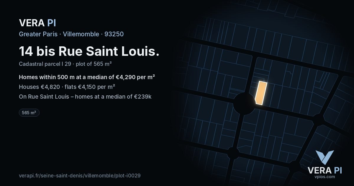 14 bis Rue Saint Louis, Villemomble at night – the plot lit, the parcels around coloured by the prices near them