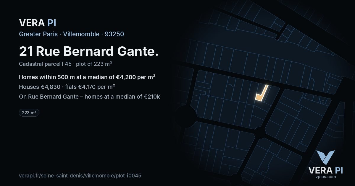 21 Rue Bernard Gante, Villemomble at night – the plot lit, the parcels around coloured by the prices near them