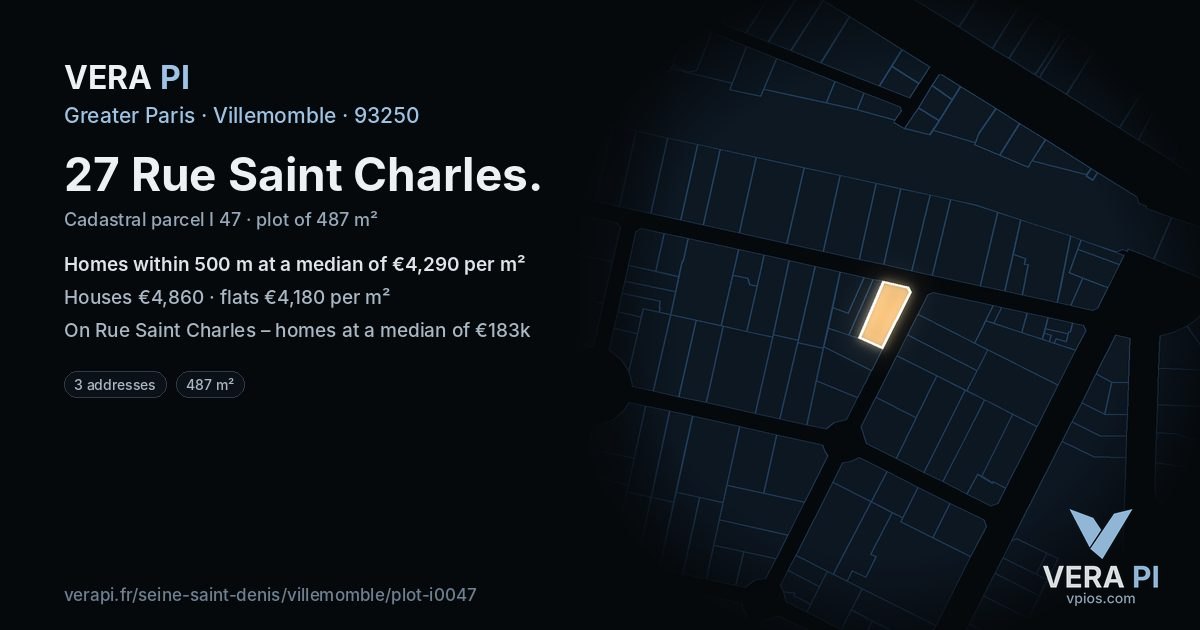 27 Rue Saint Charles, Villemomble at night – the plot lit, the parcels around coloured by the prices near them