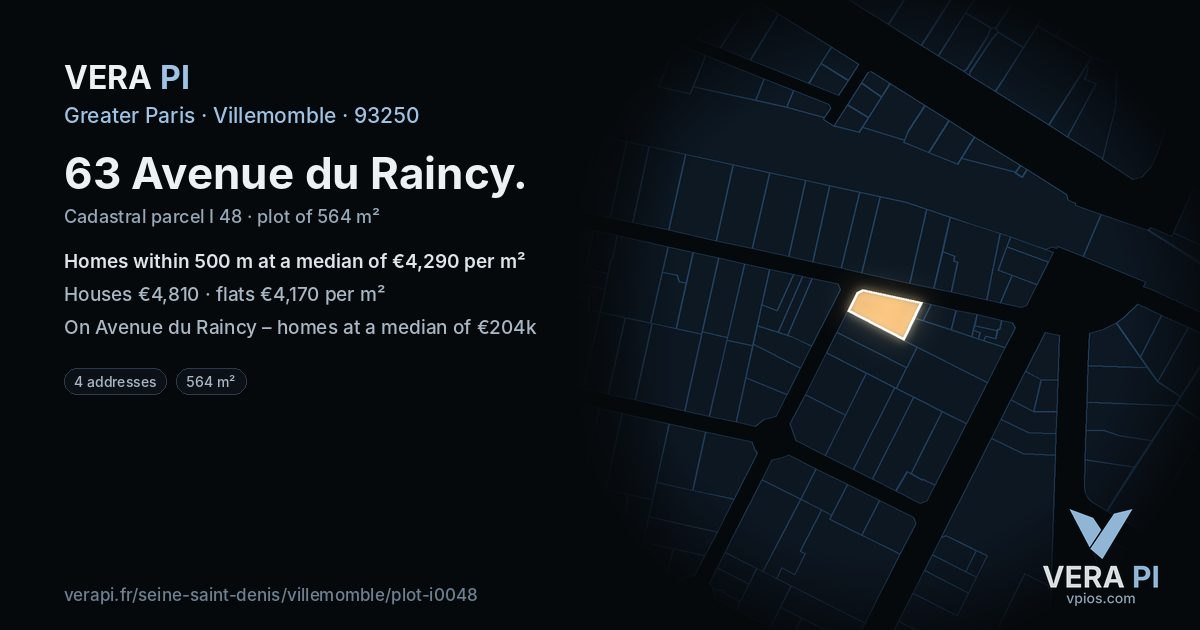 63 Avenue du Raincy, Villemomble at night – the plot lit, the parcels around coloured by the prices near them
