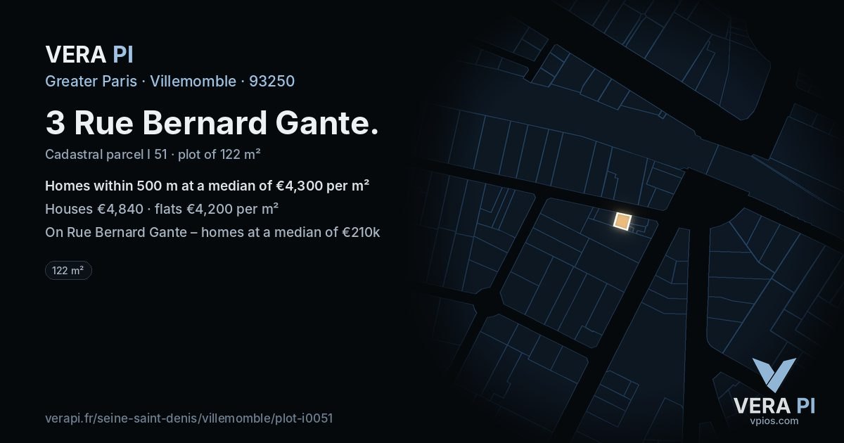 3 Rue Bernard Gante, Villemomble at night – the plot lit, the parcels around coloured by the prices near them