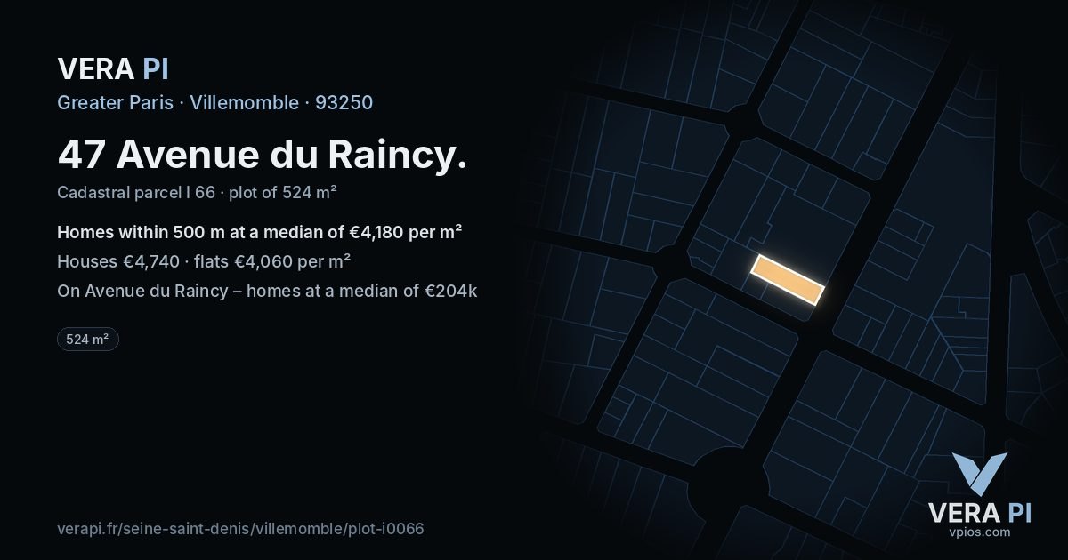 47 Avenue du Raincy, Villemomble at night – the plot lit, the parcels around coloured by the prices near them