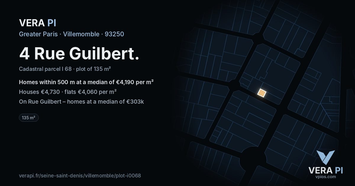4 Rue Guilbert, Villemomble at night – the plot lit, the parcels around coloured by the prices near them
