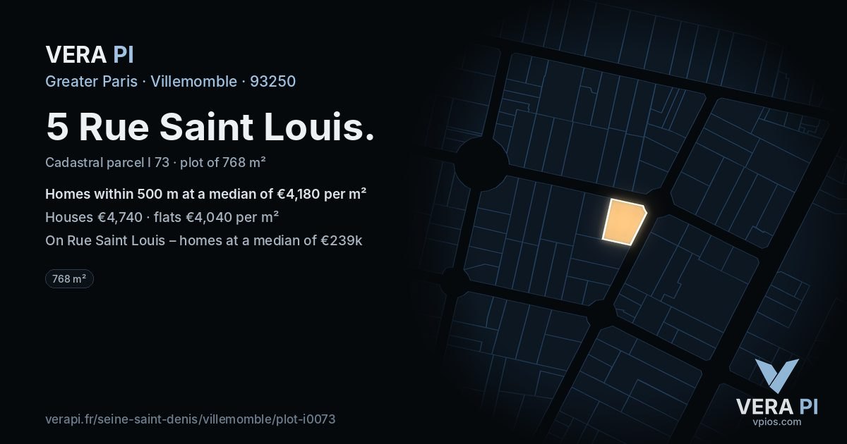 5 Rue Saint Louis, Villemomble at night – the plot lit, the parcels around coloured by the prices near them