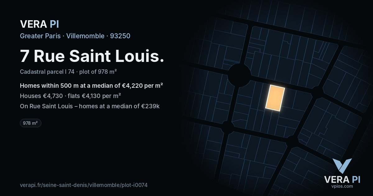 7 Rue Saint Louis, Villemomble at night – the plot lit, the parcels around coloured by the prices near them