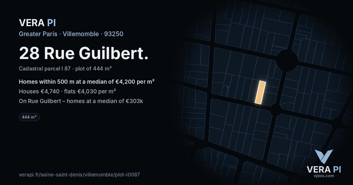 28 Rue Guilbert, Villemomble at night – the plot lit, the parcels around coloured by the prices near them