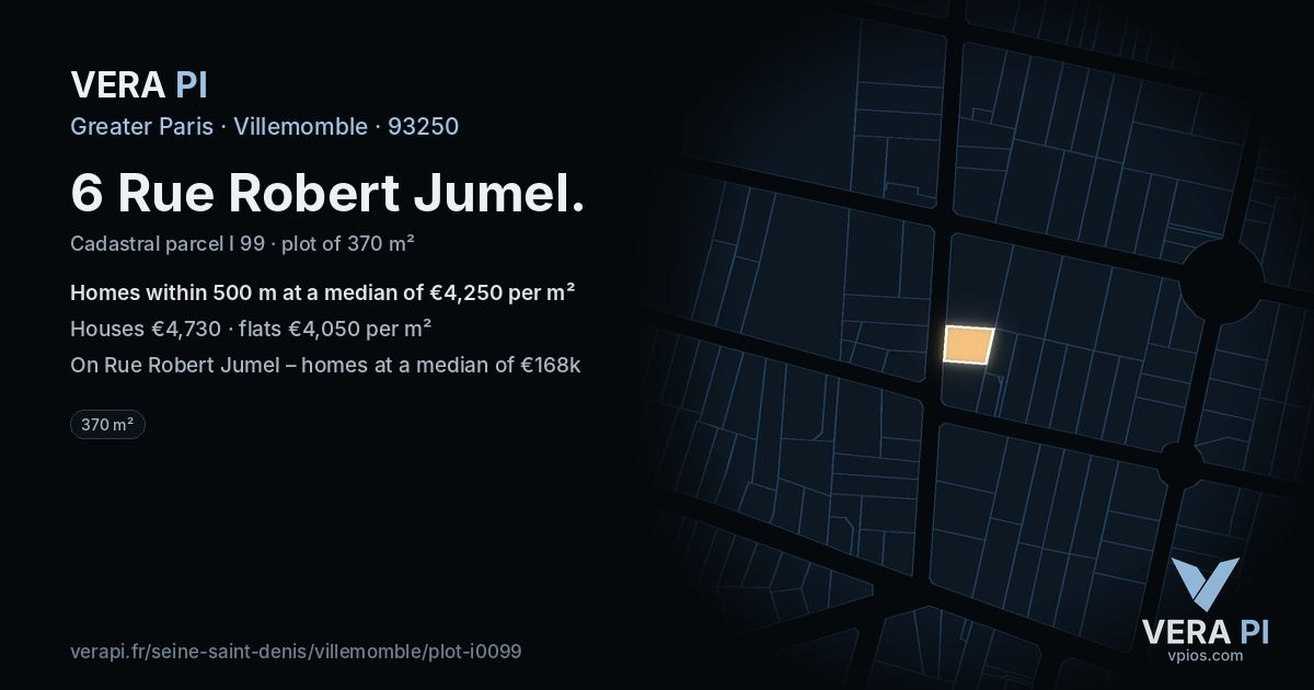 6 Rue Robert Jumel, Villemomble at night – the plot lit, the parcels around coloured by the prices near them