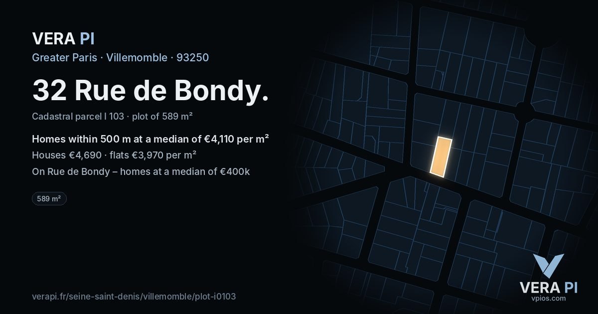 32 Rue de Bondy, Villemomble at night – the plot lit, the parcels around coloured by the prices near them