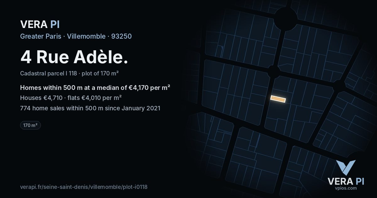 4 Rue Adèle, Villemomble at night – the plot lit, the parcels around coloured by the prices near them