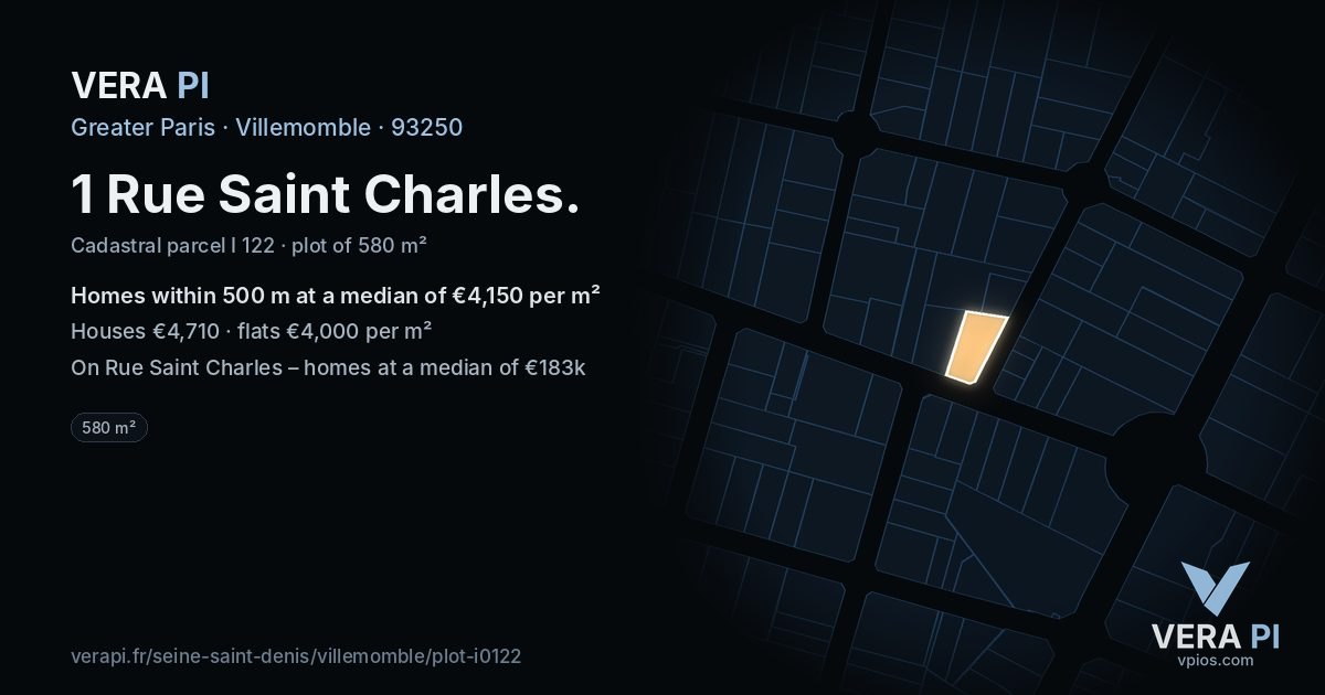 1 Rue Saint Charles, Villemomble at night – the plot lit, the parcels around coloured by the prices near them