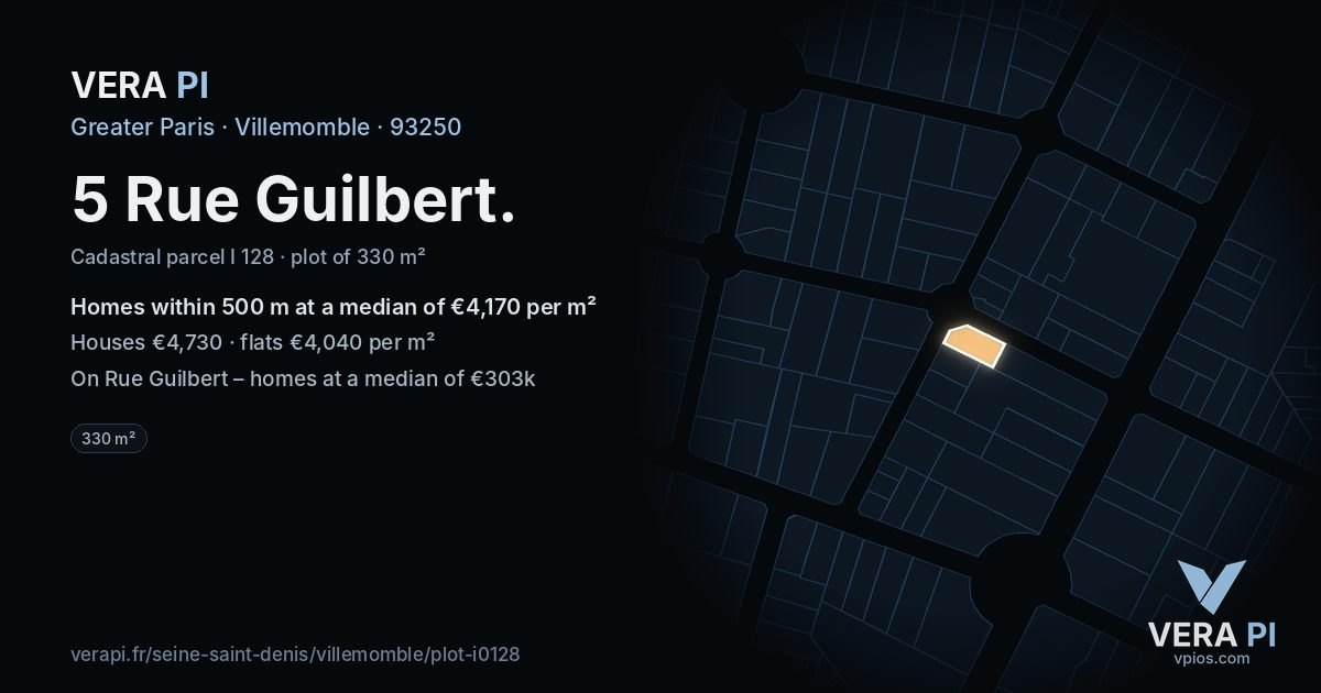 5 Rue Guilbert, Villemomble at night – the plot lit, the parcels around coloured by the prices near them