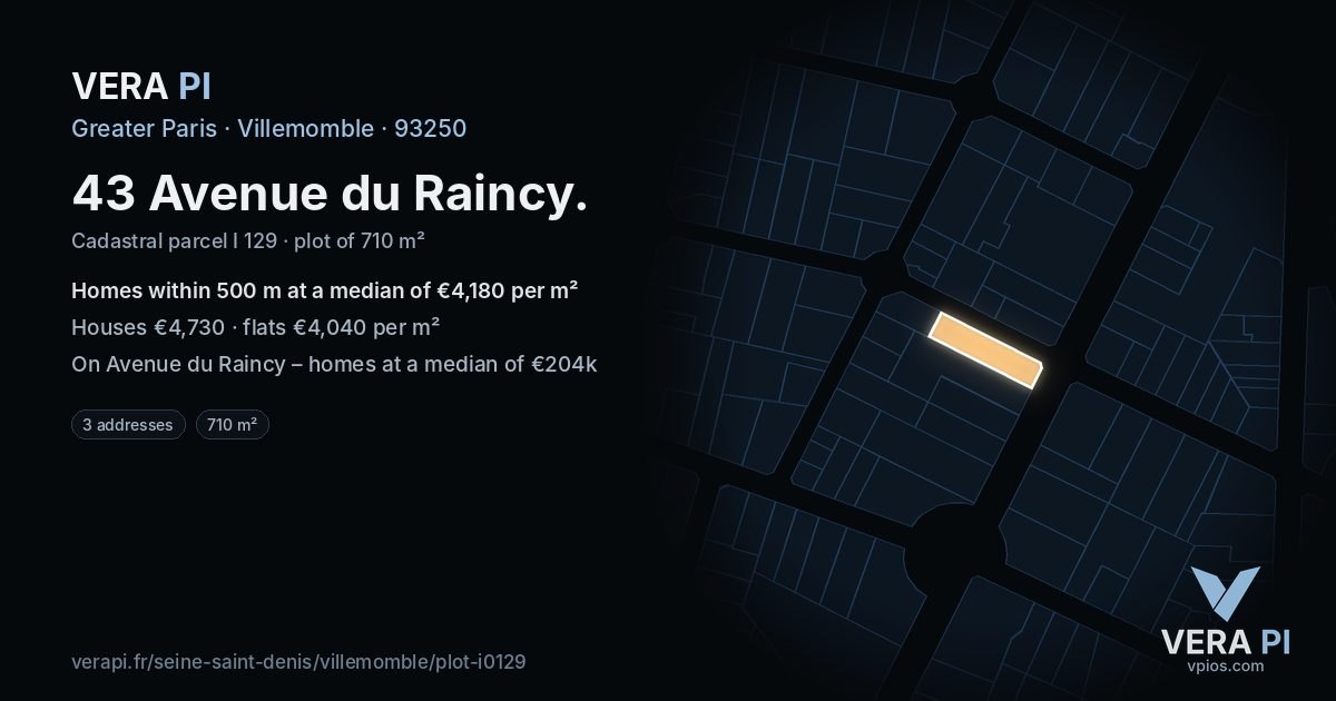 43 Avenue du Raincy, Villemomble at night – the plot lit, the parcels around coloured by the prices near them