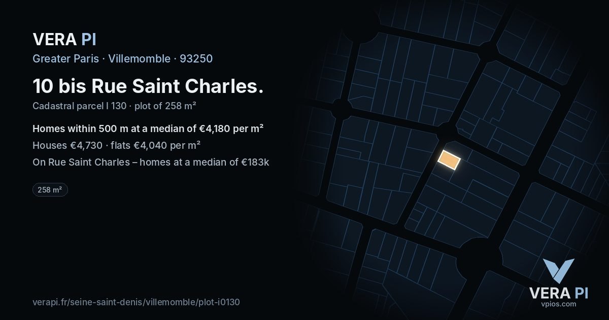 10 bis Rue Saint Charles, Villemomble at night – the plot lit, the parcels around coloured by the prices near them