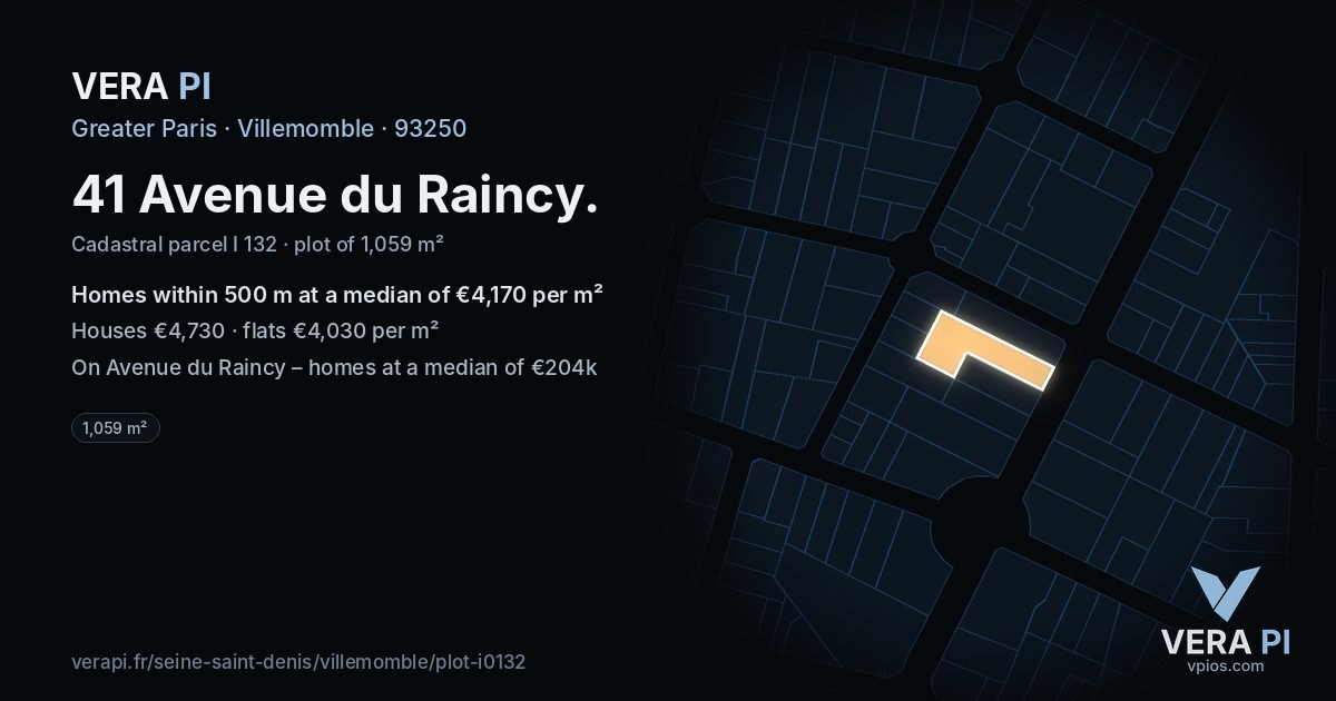 41 Avenue du Raincy, Villemomble at night – the plot lit, the parcels around coloured by the prices near them