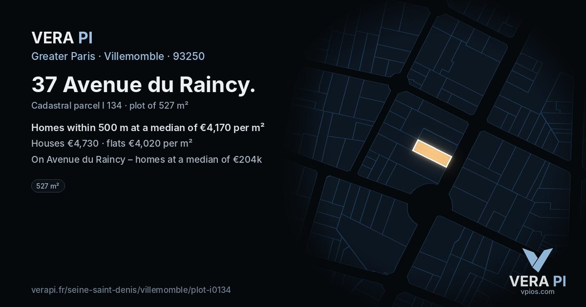 37 Avenue du Raincy, Villemomble at night – the plot lit, the parcels around coloured by the prices near them