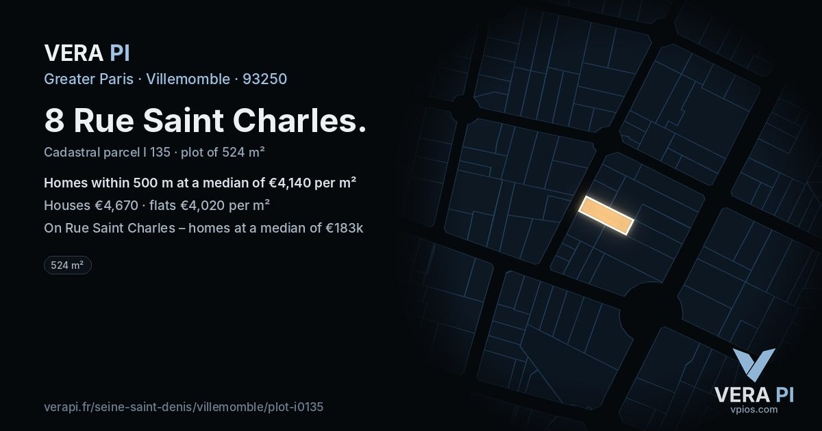 8 Rue Saint Charles, Villemomble at night – the plot lit, the parcels around coloured by the prices near them