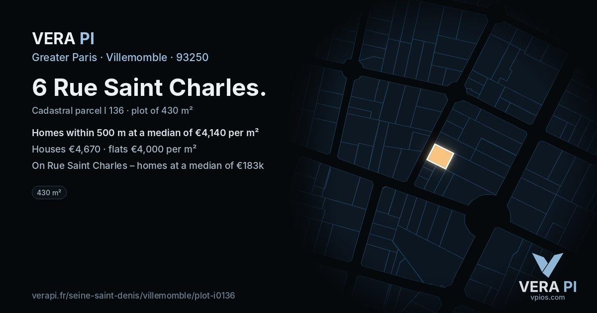 6 Rue Saint Charles, Villemomble at night – the plot lit, the parcels around coloured by the prices near them