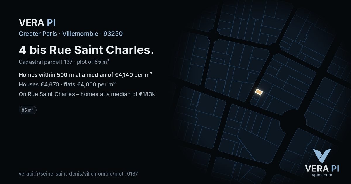 4 bis Rue Saint Charles, Villemomble at night – the plot lit, the parcels around coloured by the prices near them