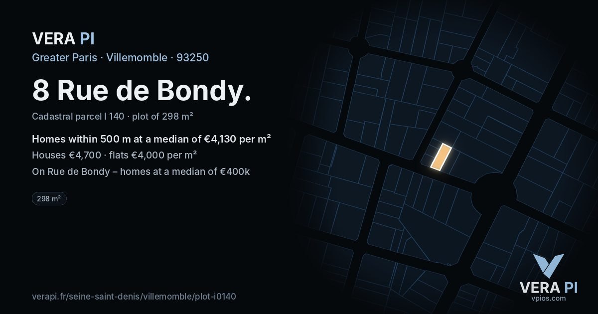 8 Rue de Bondy, Villemomble at night – the plot lit, the parcels around coloured by the prices near them