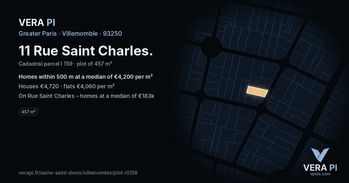 11 Rue Saint Charles, Villemomble at night – the plot lit, the parcels around coloured by the prices near them