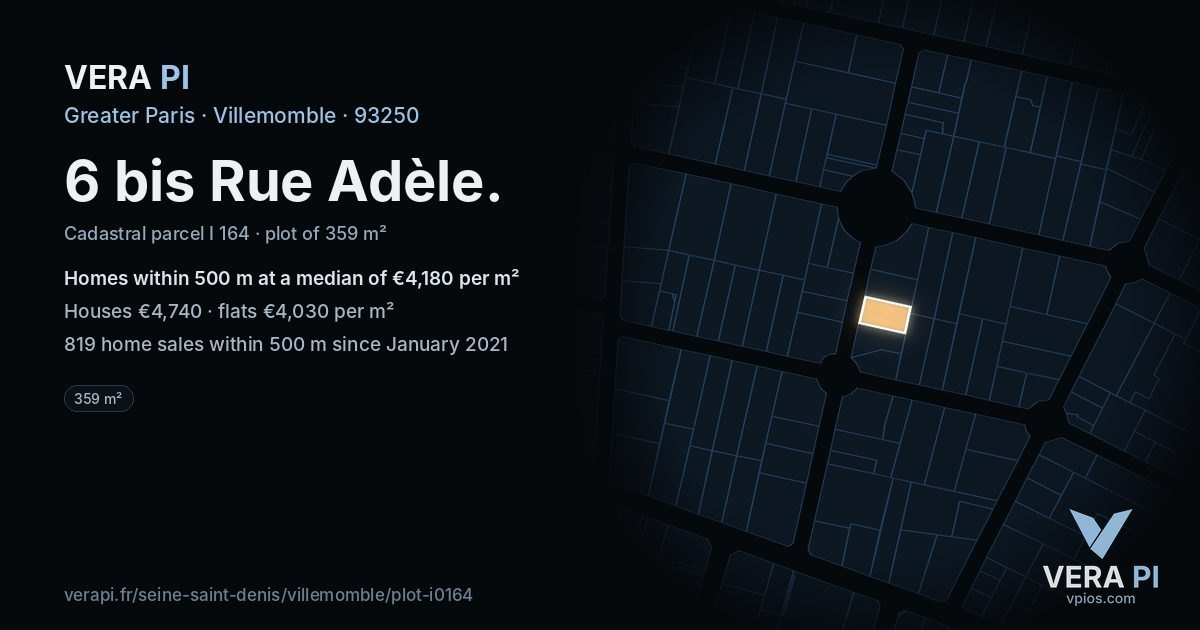 6 bis Rue Adèle, Villemomble at night – the plot lit, the parcels around coloured by the prices near them