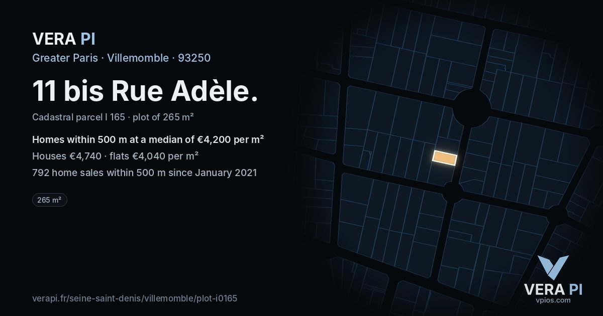 11 bis Rue Adèle, Villemomble at night – the plot lit, the parcels around coloured by the prices near them