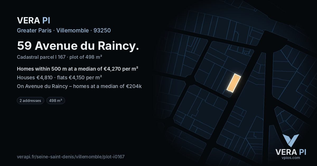 59 Avenue du Raincy, Villemomble at night – the plot lit, the parcels around coloured by the prices near them